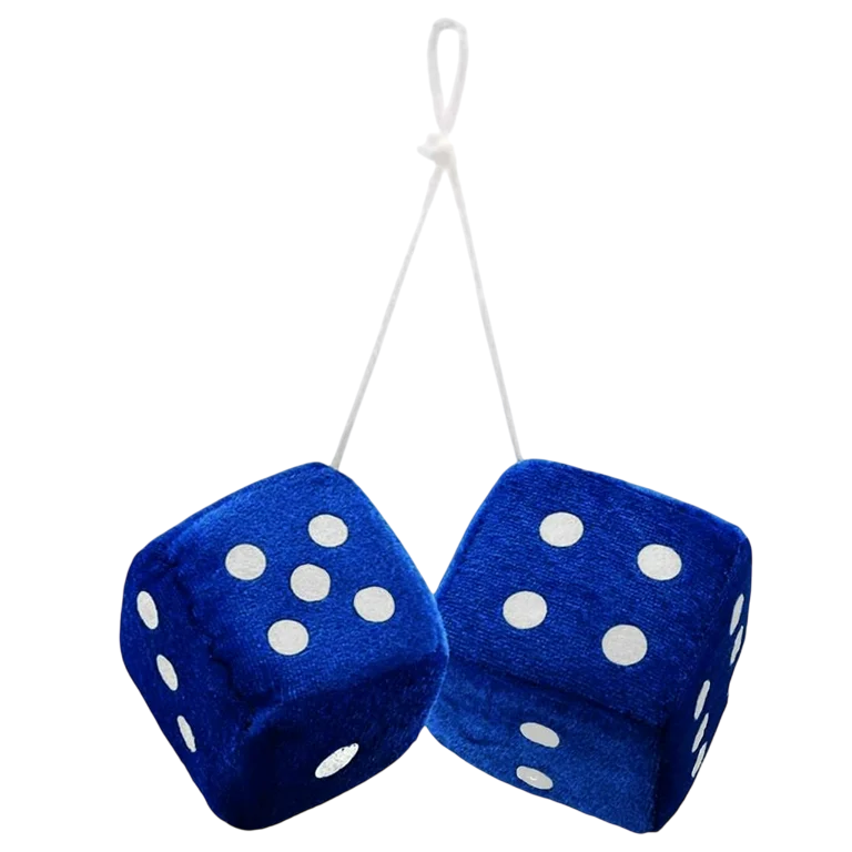 blue fuzzy hanging dice.