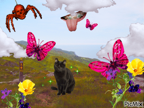 A pixmix image showing a sunny hillside with many glittery gifs